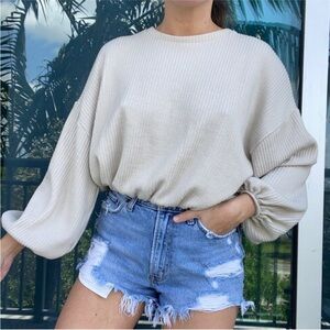 Zara Cream Ribbed Slouchy Long Sleeve Top S